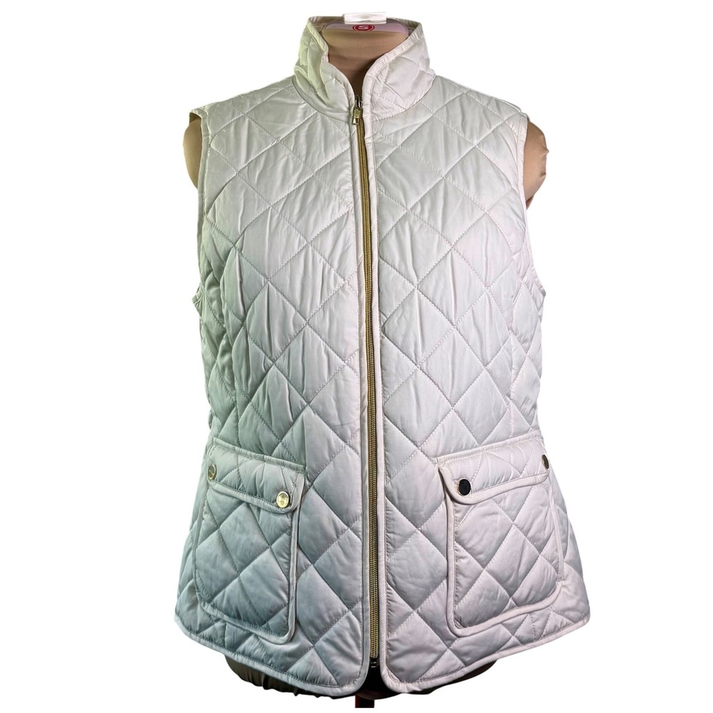 St. John's Bay Quilted Puffer Vest Cream White Equestrian Preppy Classic Medium